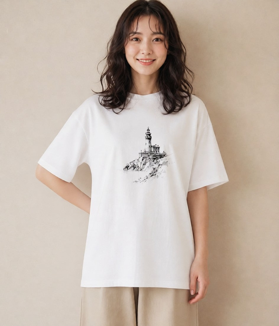 Tシャツ レディース 灯台 霧 海 ナチュラル アンティーク イラスト シック 姉妹 送別ギフト 白T