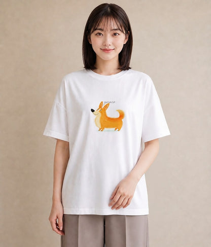 半袖Tシャツ レディース ウェルシュコーギー コーギー 犬 いぬ イラスト ガーリー デイリーウェア 休日 白T