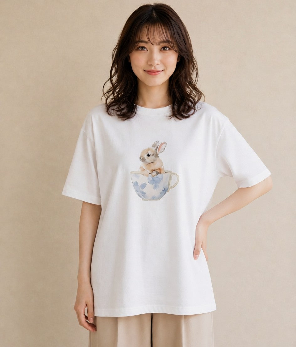 プリントTシャツ レディース ウサギ系野生 動物 アニマル イラスト 線画 友達ギフト 部屋着 白T