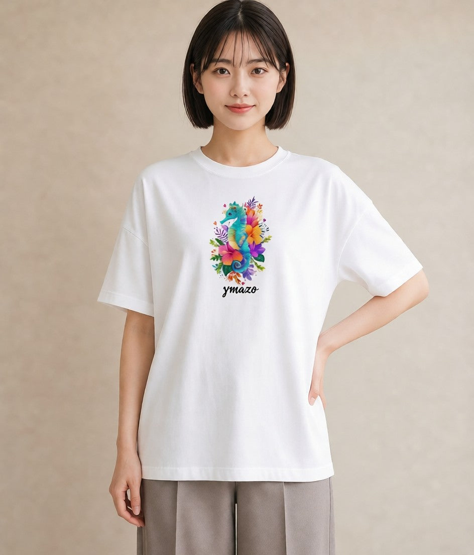 Tシャツ レディース タツノオトシゴ 海の生き物 海 イラスト 普段使い デート 帰省 白T
