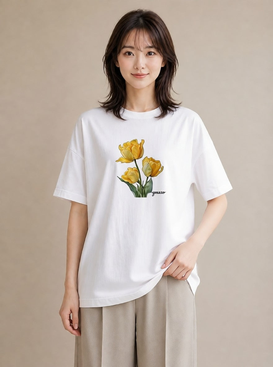 プリントTシャツ レディース チューリップ 花 花柄 イラスト ラフ 女性向けギフト 散歩 白T