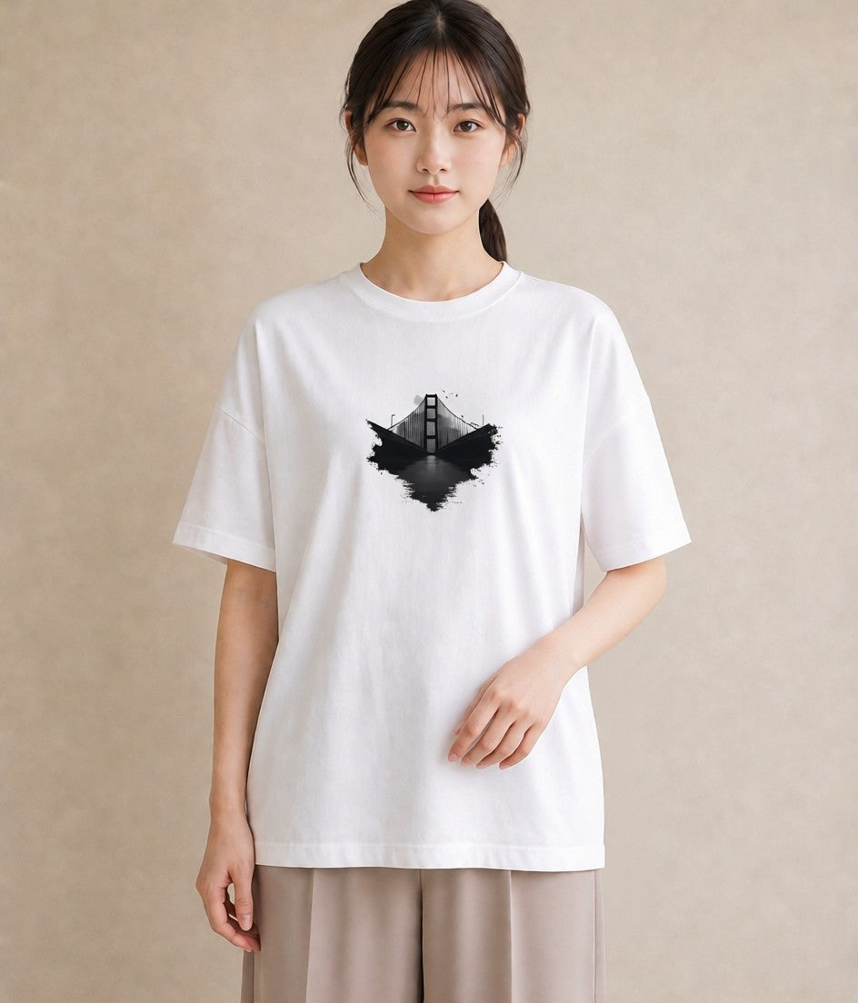半袖Tシャツ レディース 小川 橋 せせらぎ ナチュラル アンティーク イラスト 旅行コーデ 誕生日プレゼント 綿100 白T