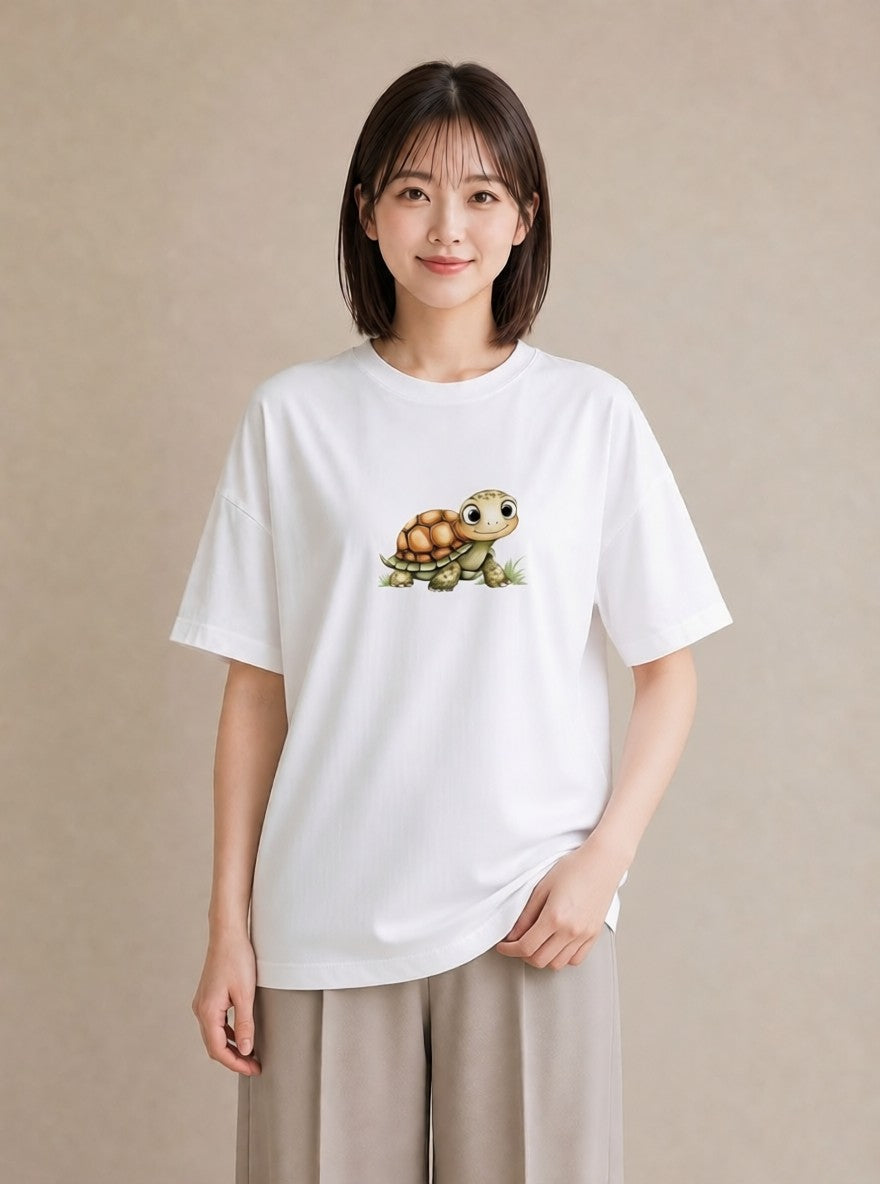 デザインTシャツ レディース ウミガメ 海の生き物 海 イラスト きれいめ ラフ レイヤード 白T