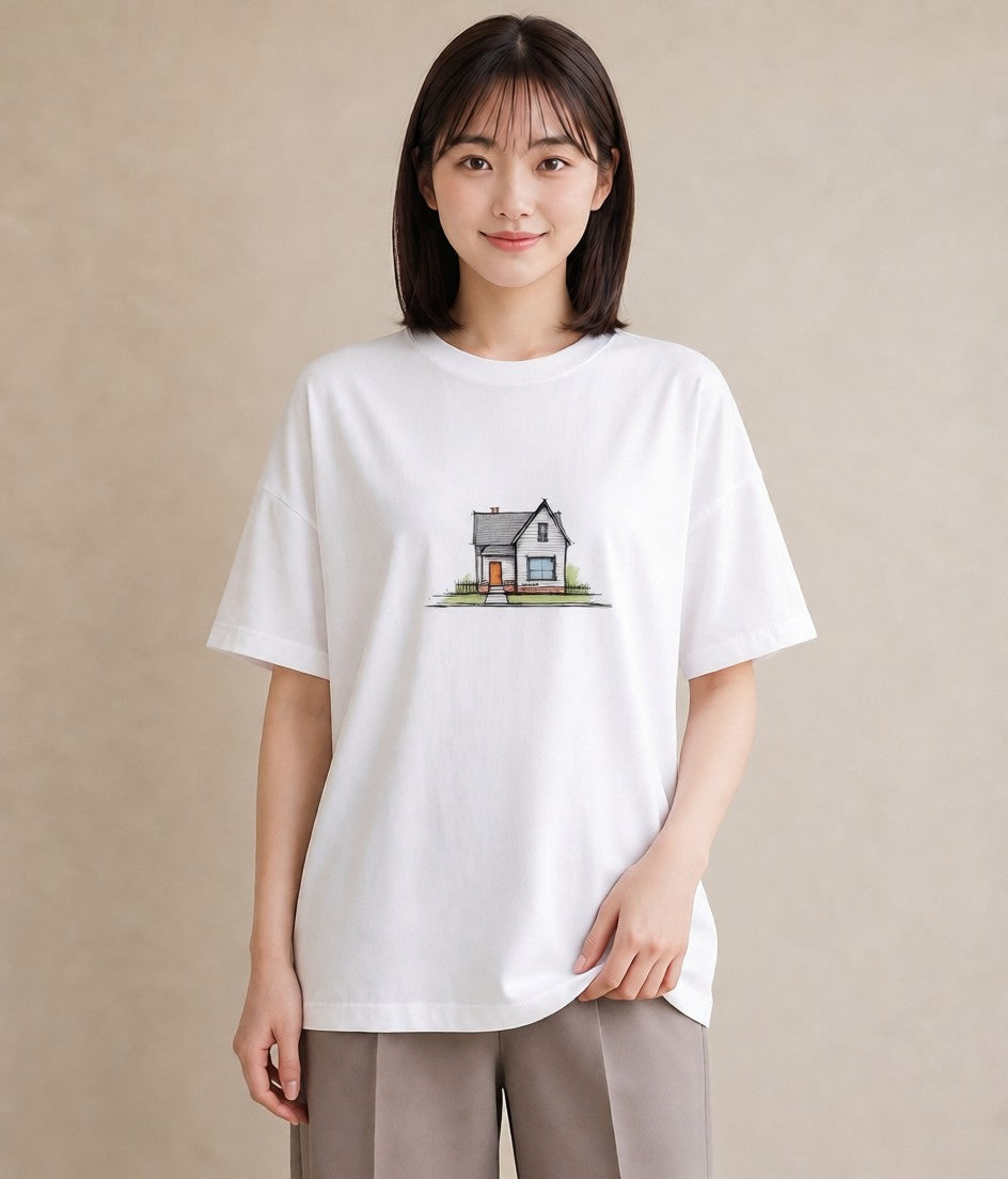 Tシャツ レディース 湖畔の小屋 湖 小屋 ナチュラル アンティーク イラスト 抜け感 部屋着 女性向けギフト 白T