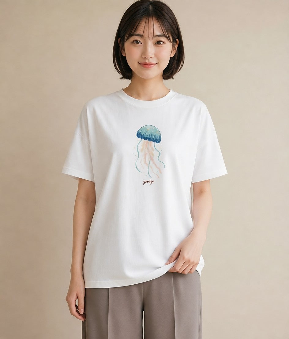 プリントTシャツ レディース くらげ クラゲ 海の生き物 海 イラスト 可愛い 普段着 週末コーデ 白T