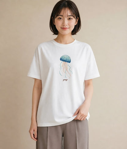 プリントTシャツ レディース くらげ クラゲ 海の生き物 海 イラスト 可愛い 普段着 週末コーデ 白T