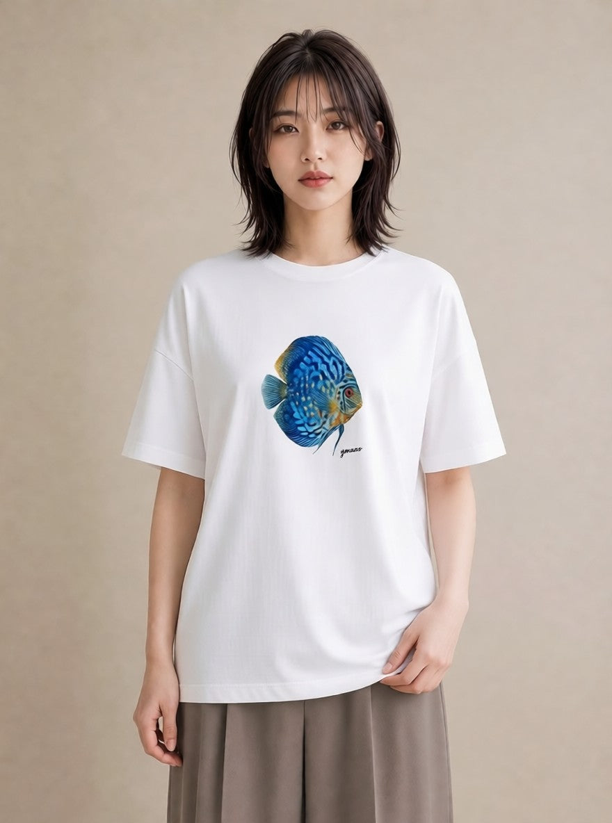 Tシャツ レディース 熱帯魚 ペット 動物 イラスト 上品 ラフ レイヤード 白T