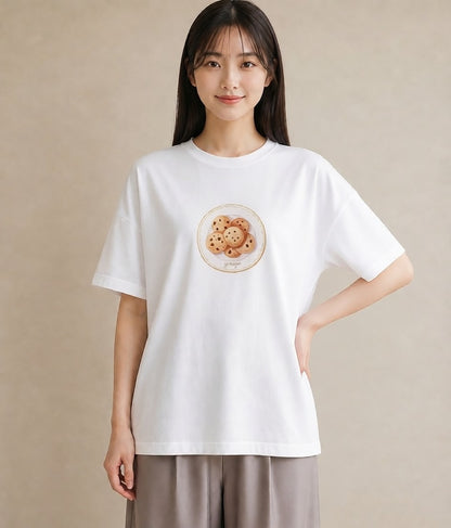 Tシャツ レディース ベーグル 食べ物 フード イラスト カジュアル 帰省 ラフ 白T