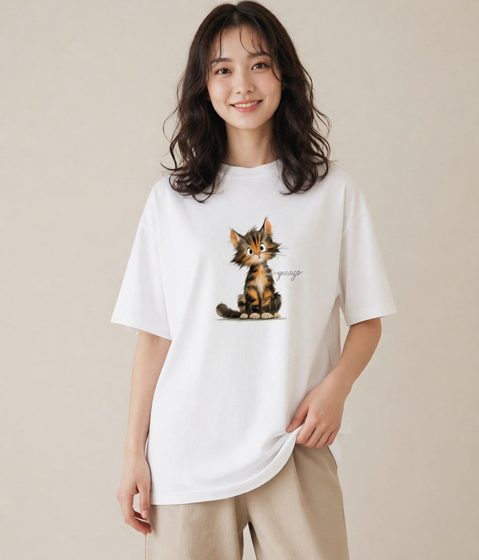 Tシャツ レディース 茶トラ 茶猫 猫 ねこ イラスト ボタニカル カジュアルコーデ 買い物 白T