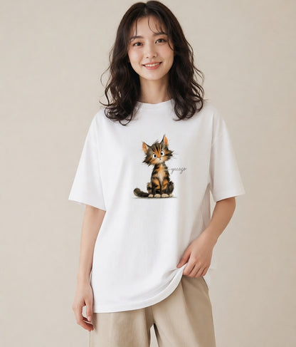 Tシャツ レディース 茶トラ 茶猫 猫 ねこ イラスト ボタニカル カジュアルコーデ 買い物 白T