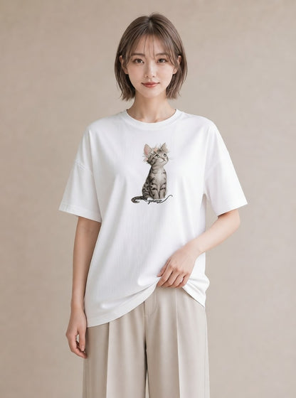 デザインTシャツ レディース キジトラ 猫 ねこ イラスト シック 買い物 夏コーデ 白T