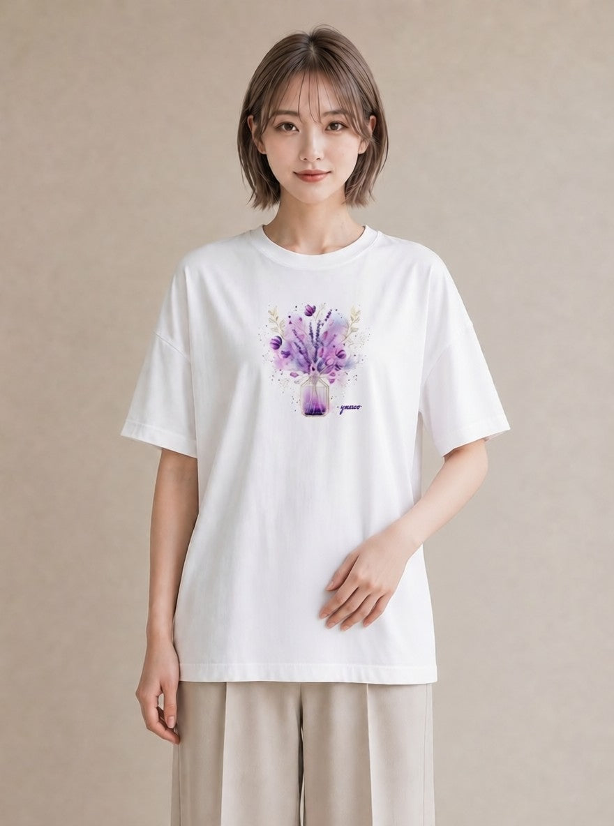 グラフィックTシャツ レディース ラベンダー 花 花柄 イラスト ポップ ママ カフェ服 白T