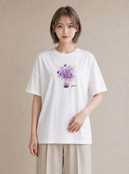 グラフィックTシャツ レディース ラベンダー 花 花柄 イラスト ポップ ママ カフェ服 白T