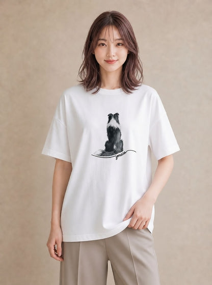 デザインTシャツ レディース ボーダーコリー 犬 いぬ イラスト ラフカジュアル 公園 ママ 白T