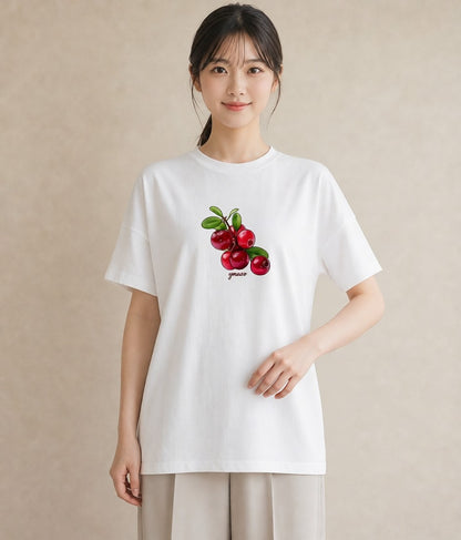 Tシャツ レディース さくらんぼ チェリー 食べ物 フード イラスト 抜け感 女性 旅行用 白T