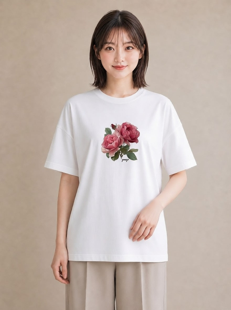 半袖Tシャツ レディース バラ 薔薇 ローズ 花 花柄 イラスト アート風 女性 旅行用 白T