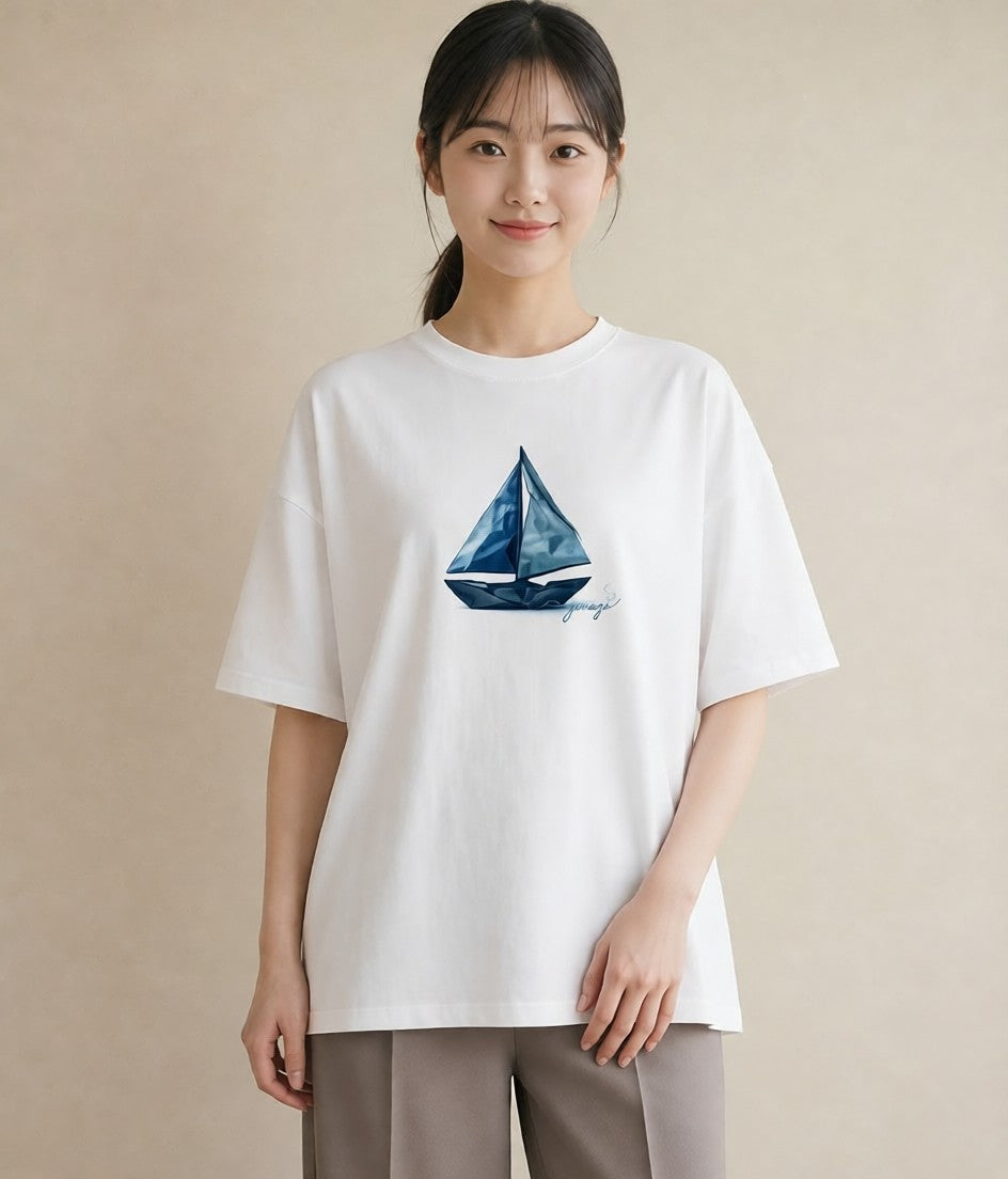 半袖Tシャツ レディース 紙の船 水辺 ナチュラル アンティーク イラスト 普段使い ギフト 母の日 白T