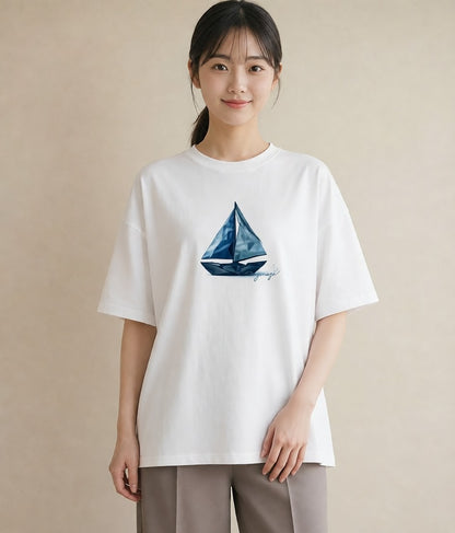 半袖Tシャツ レディース 紙の船 水辺 ナチュラル アンティーク イラスト 普段使い ギフト 母の日 白T