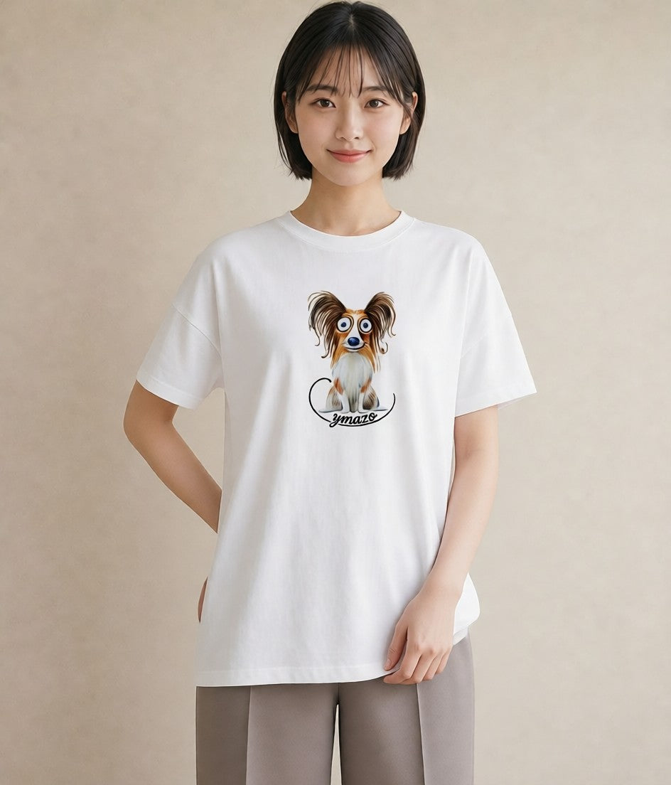 半袖Tシャツ レディース パピヨン 犬 いぬ イラスト アート風 20代 カジュアルコーデ 白T