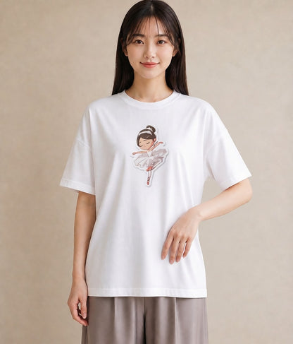 プリントTシャツ レディース バレエシューズ バレエ トウシューズ ナチュラル アンティーク イラスト 水彩風 敬老の日 ホワイトデー 白T