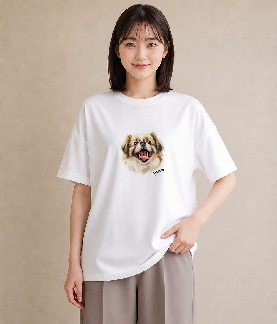 デザインTシャツ レディース 狆 犬 いぬ イラスト ゆるコーデ ペアコーデ 秋コーデ 白T