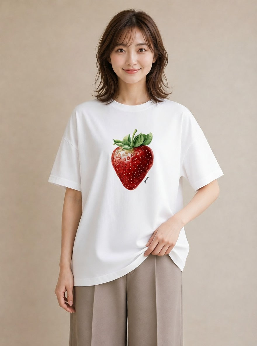 グラフィックTシャツ レディース いちご 苺 ストロベリー 食べ物 フード イラスト 個性的 綿100 デート 白T
