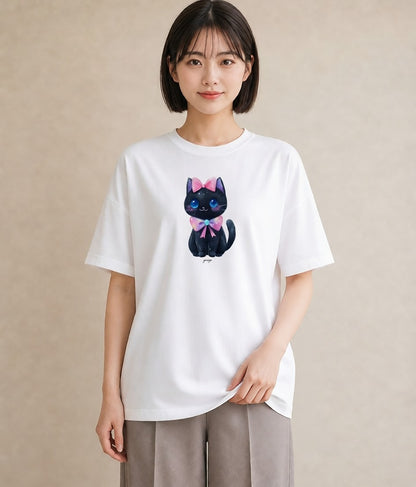プリントTシャツ レディース 黒猫 猫 ねこ イラスト 線画 公園 ママ 白T