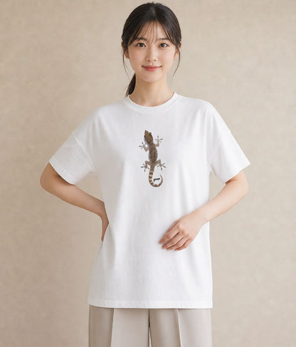 Tシャツ レディース ヤモリ ペット 動物 イラスト きれいめカジュアル ラフ レイヤード 白T