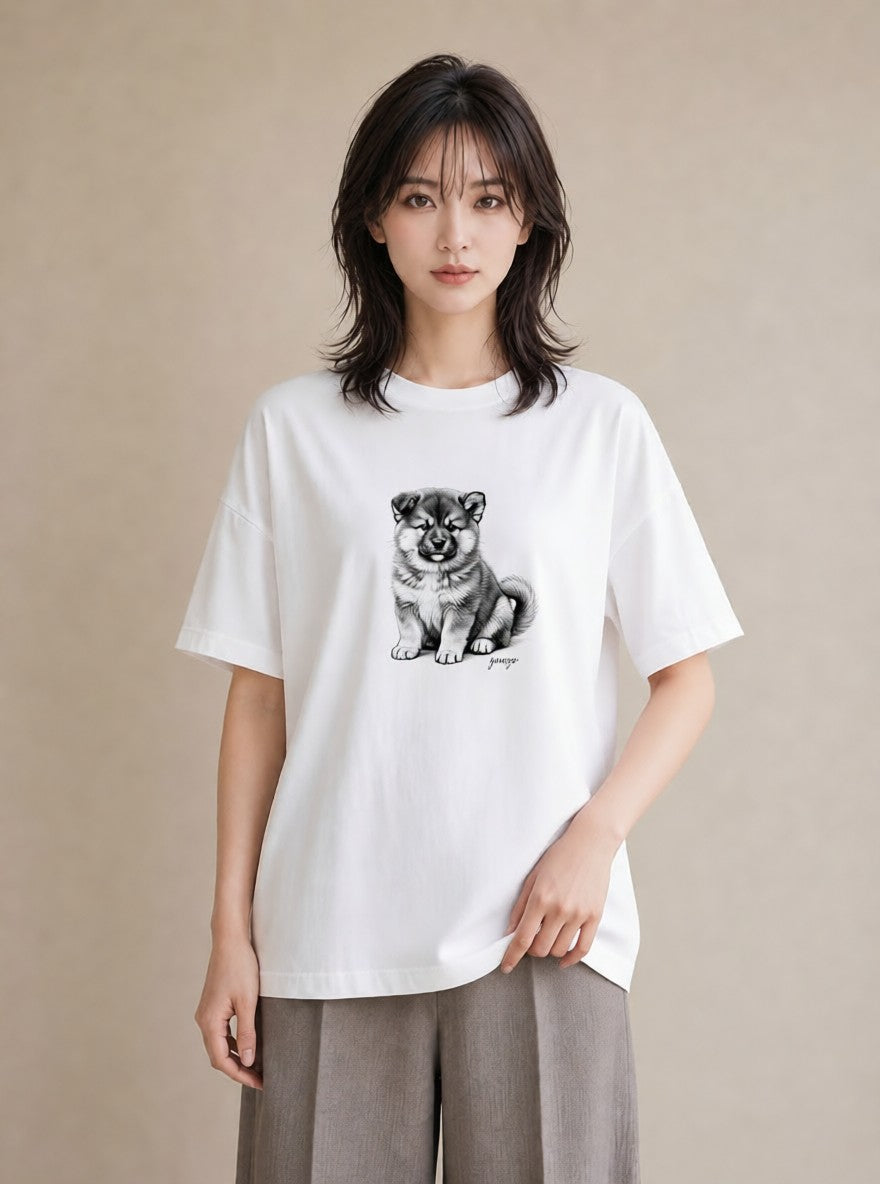 半袖Tシャツ レディース 秋田犬 犬 いぬ イラスト 抜け感 カジュアルコーデ 買い物 白T