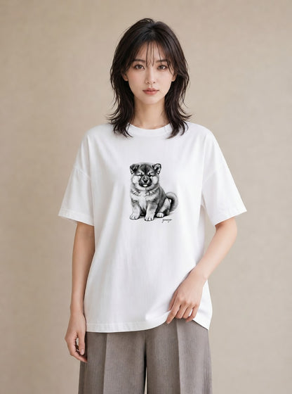 半袖Tシャツ レディース 秋田犬 犬 いぬ イラスト 抜け感 カジュアルコーデ 買い物 白T