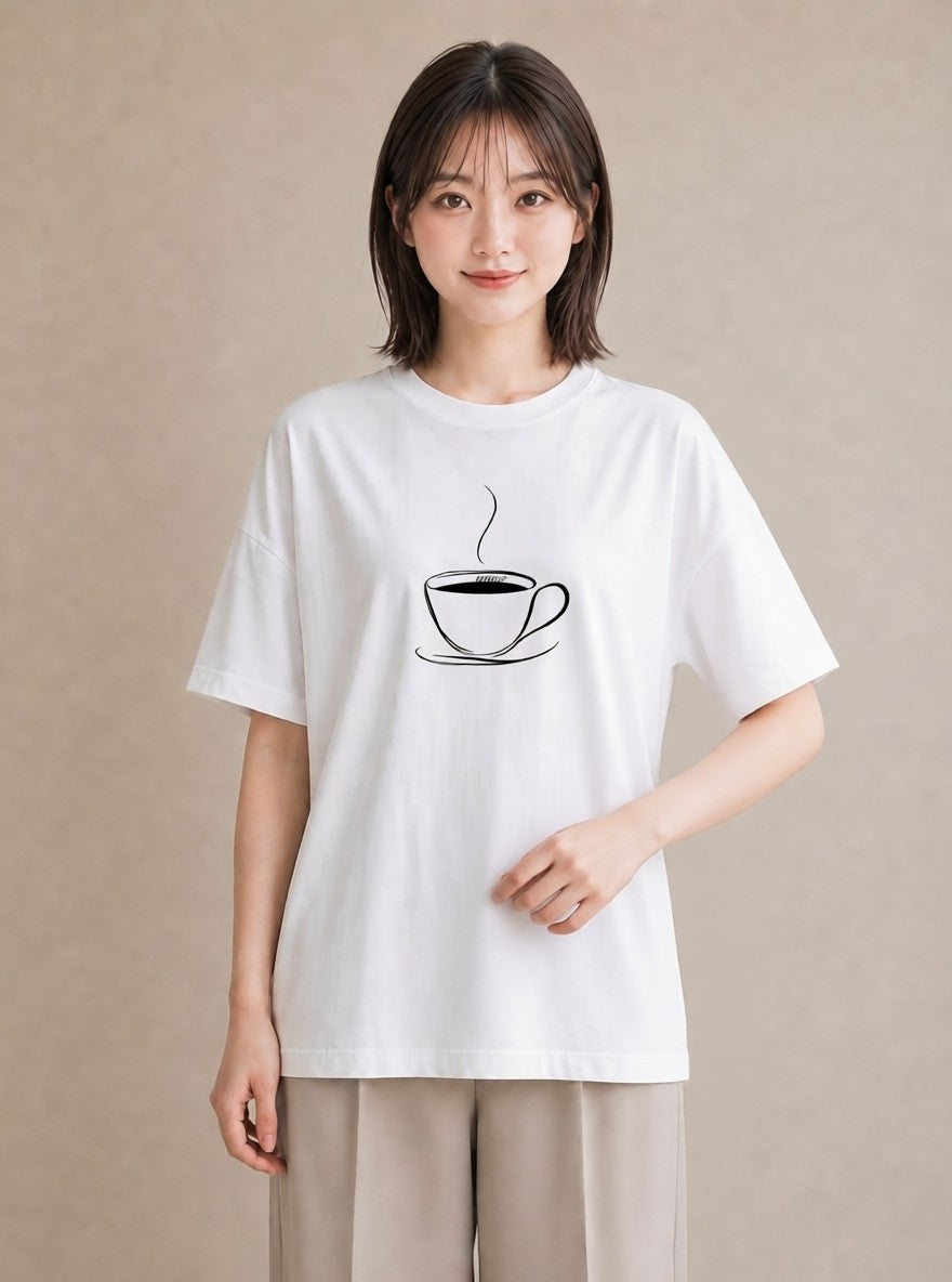 グラフィックTシャツ レディース コーヒー カフェ 珈琲 イラスト 淡色 通勤 在宅 白T