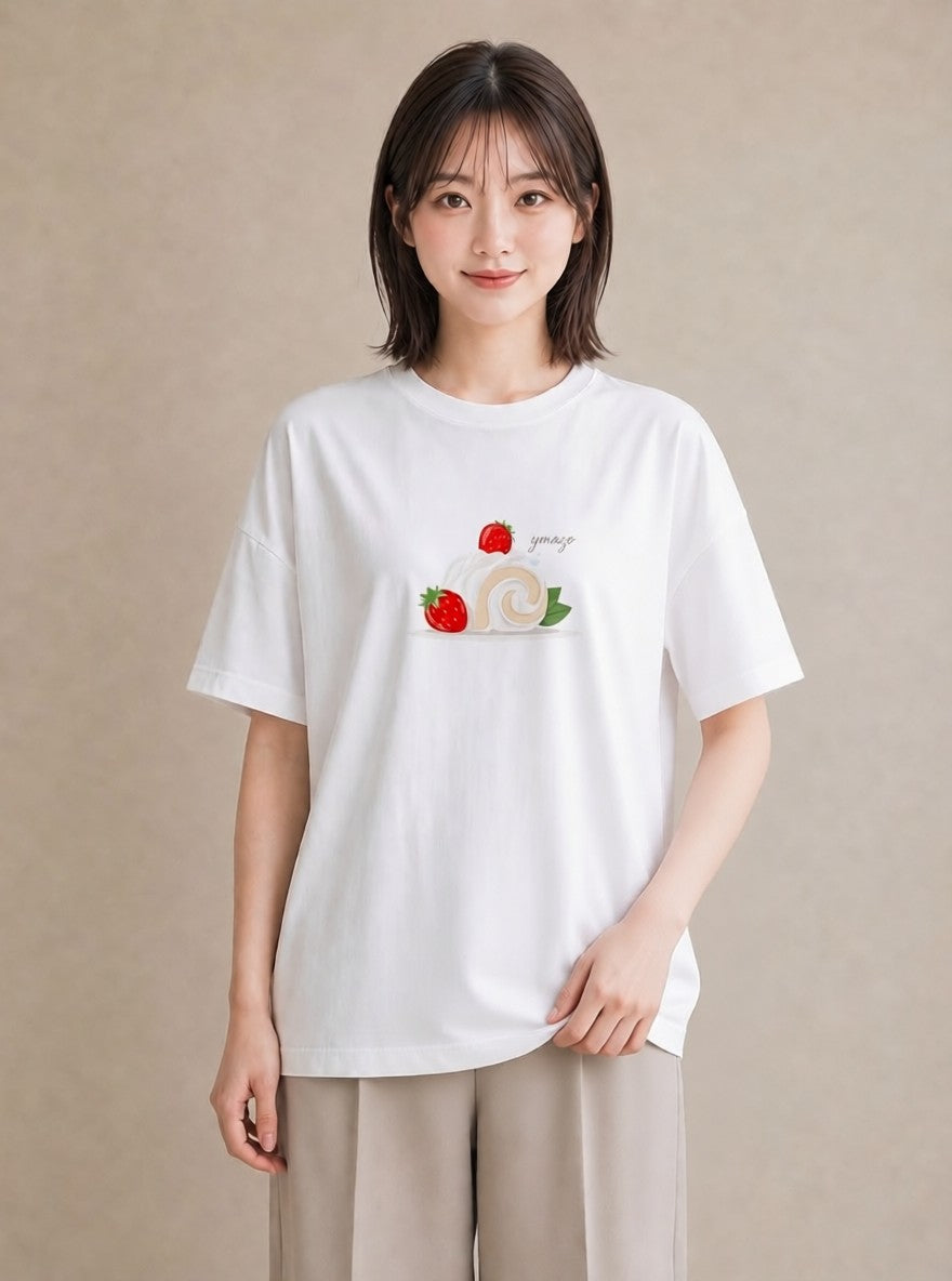 Tシャツ レディース ショートケーキ 食べ物 フード イラスト ユニーク デート 帰省 白T