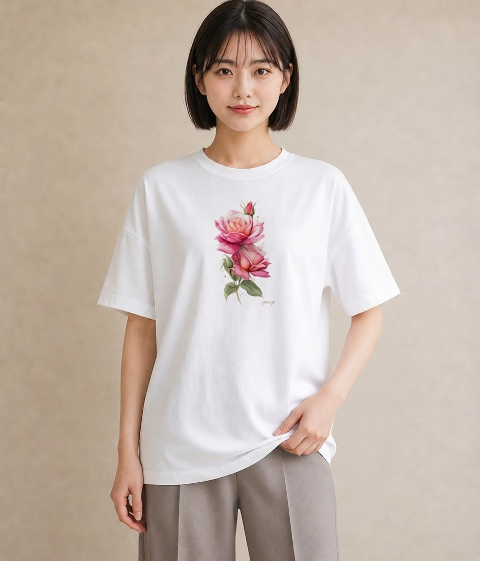 グラフィックTシャツ レディース バラ 薔薇 ローズ 花 花柄 イラスト 個性的 海 カフェ巡り 白T