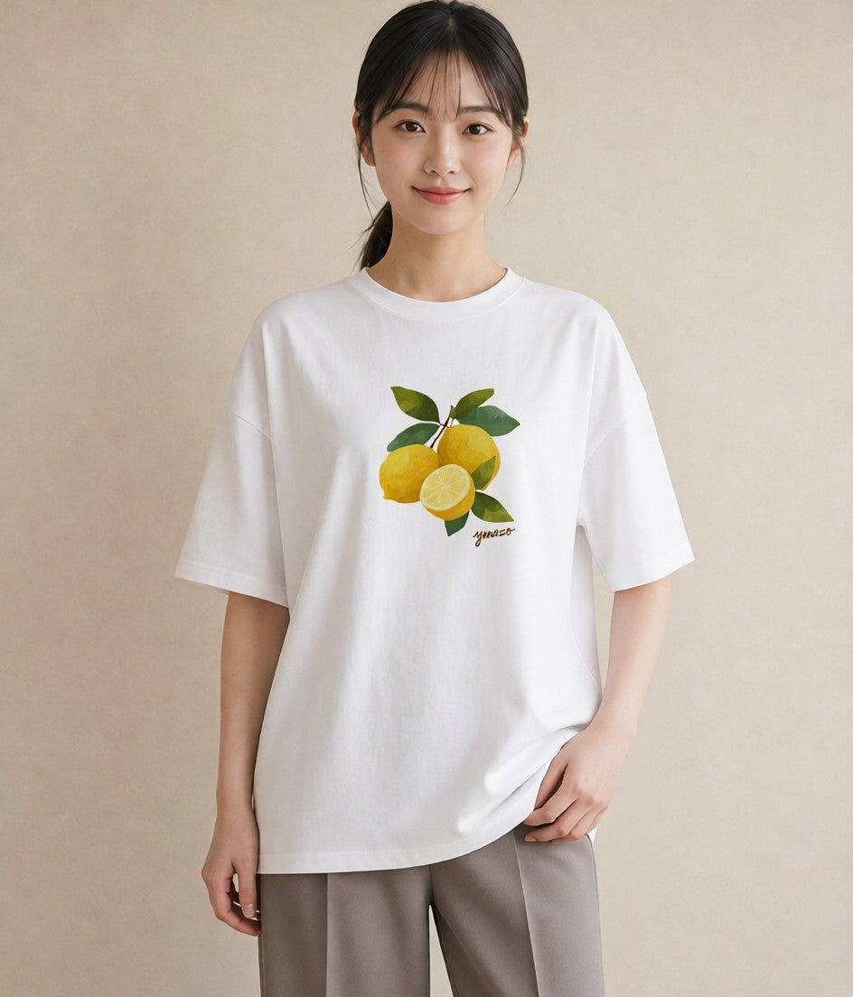 半袖Tシャツ レディース レモン 檸檬 食べ物 フード イラスト モード 送別ギフト 通勤 白T