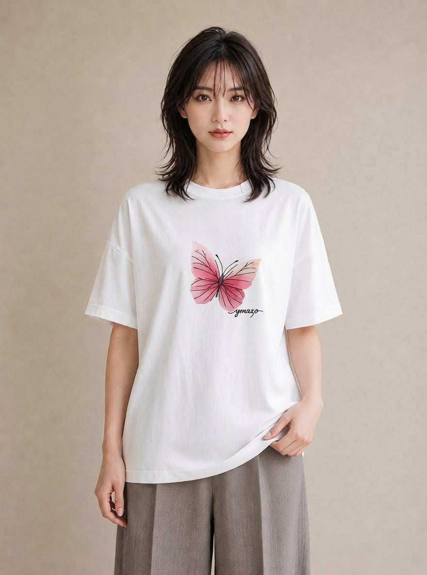デザインTシャツ レディース ちょうちょ 蝶 バタフライ 昆虫 虫 イラスト ニュアンス 休日 ペアコーデ 白T