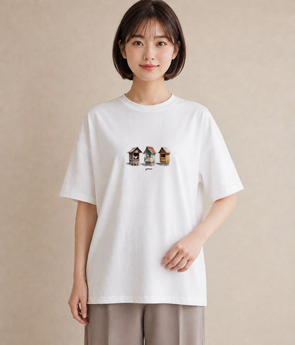 半袖Tシャツ レディース 遠い家と鳥 風景 鳥 ナチュラル アンティーク イラスト 北欧風 海 カフェ巡り 白T