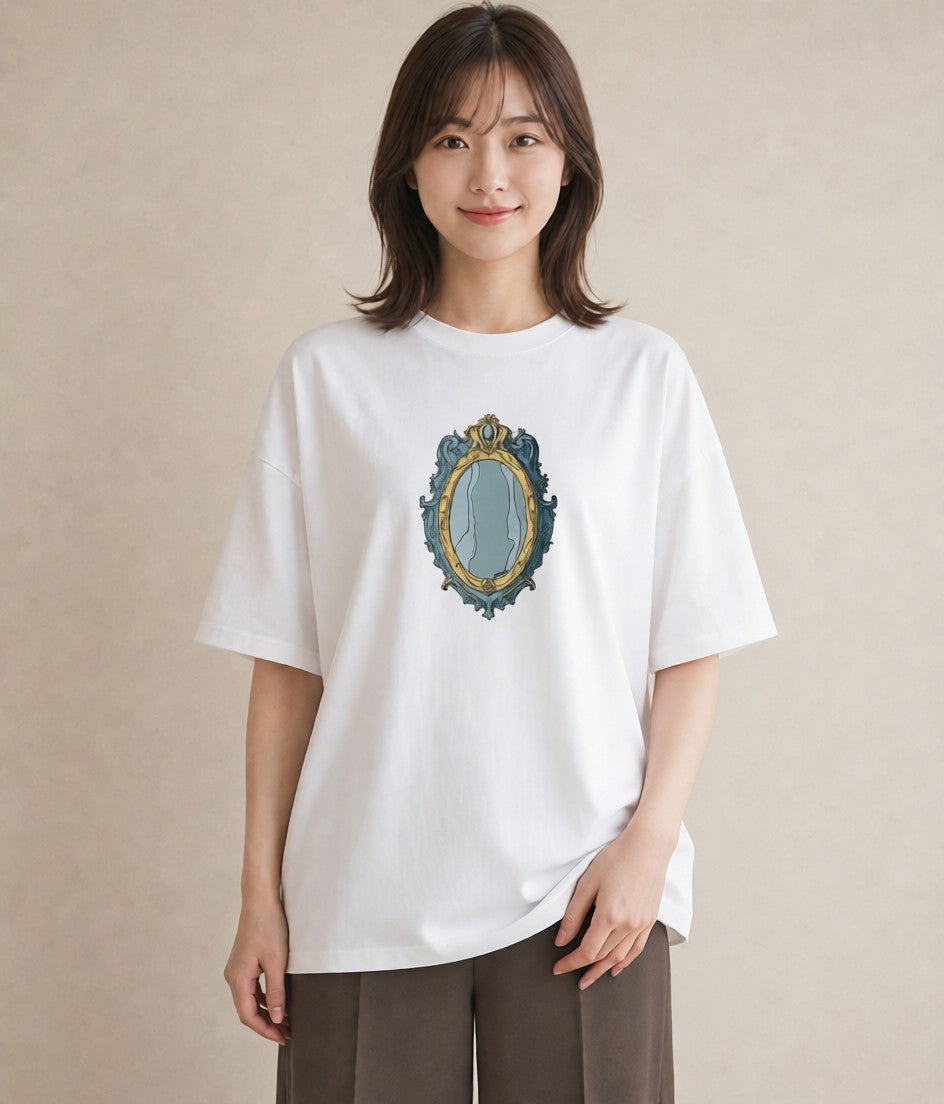 デザインTシャツ レディース 手鏡 アンティーク レトロ ナチュラル イラスト ラフ デイリーウェア 休日 白T