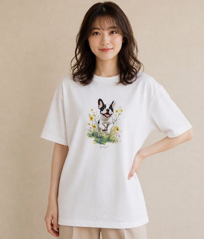 デザインTシャツ レディース フレンチブルドッグ フレブル 犬 いぬ イラスト 手描き風 春服 ミセス 白T