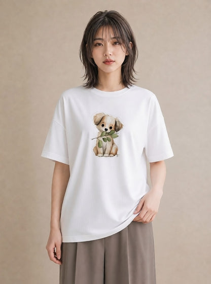 Tシャツ レディース 犬 いぬ イラスト 上品 母娘コーデ 自分用 白T