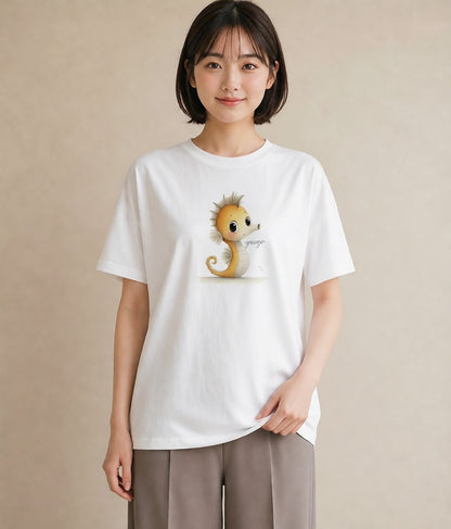 デザインTシャツ レディース タツノオトシゴ 海の生き物 海 イラスト ラフカジュアル 敬老の日 ホワイトデー 白T