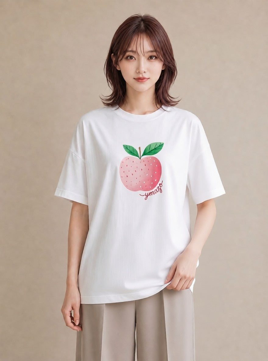 プリントTシャツ レディース もも 食べ物 フード イラスト フェミニン ラフ レイヤード 白T