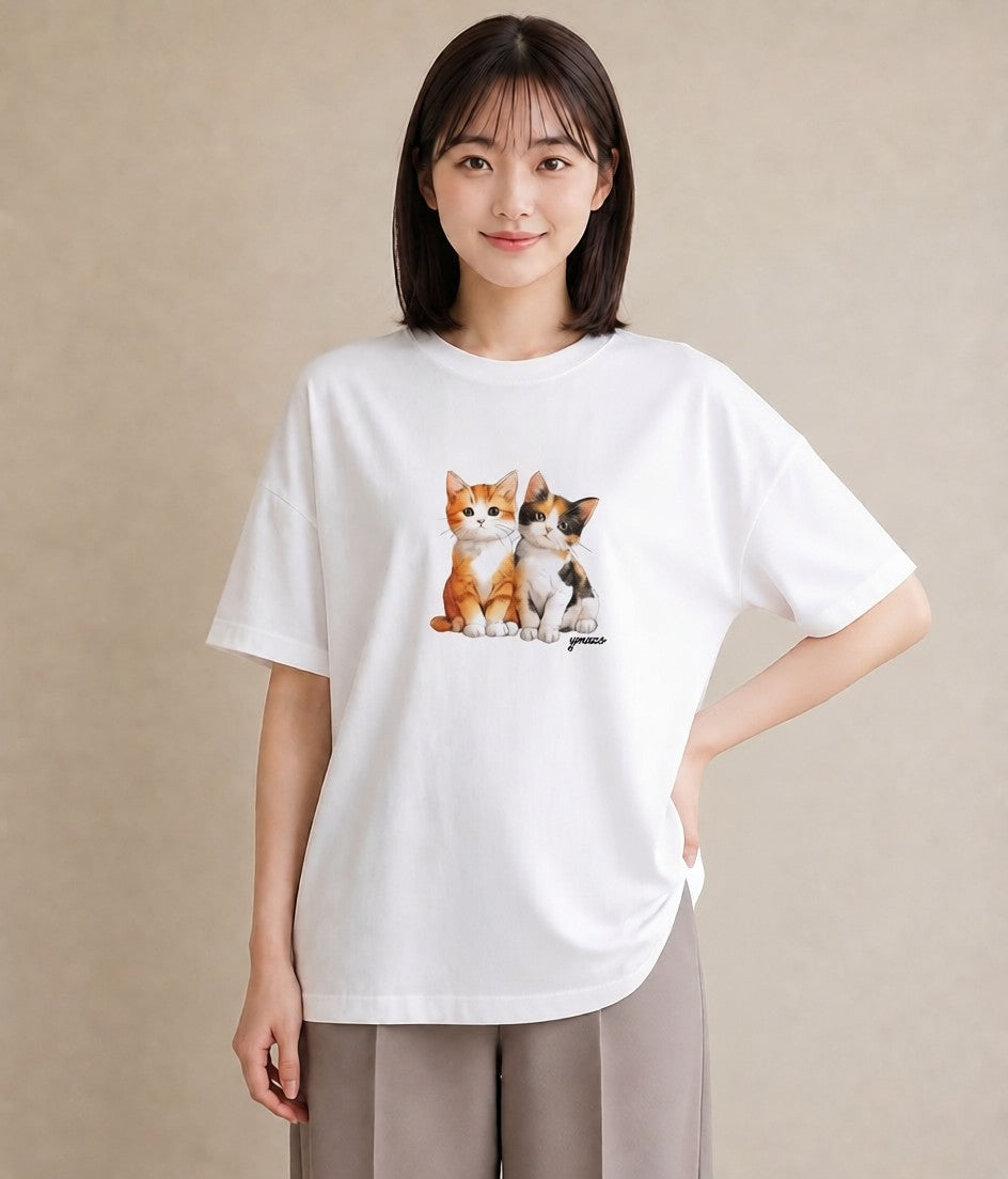半袖Tシャツ レディース 子猫 猫 ねこ イラスト ガーリー 通勤 在宅 白T