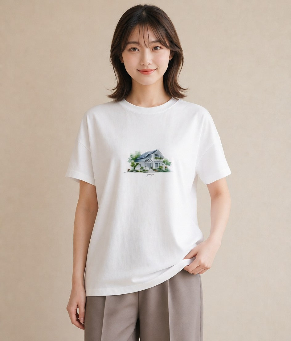 グラフィックTシャツ レディース 灯りの家 小屋 夜 ナチュラル アンティーク イラスト きれいめ ギフト 母の日 白T
