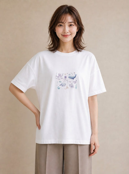 グラフィックTシャツ レディース クジラ 海の生き物 海 イラスト 休日 ペアコーデ 白T
