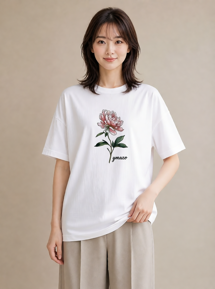 プリントTシャツ レディース 牡丹 花 花柄 イラスト ヴィンテージ風 部屋着 女性向けギフト 白T