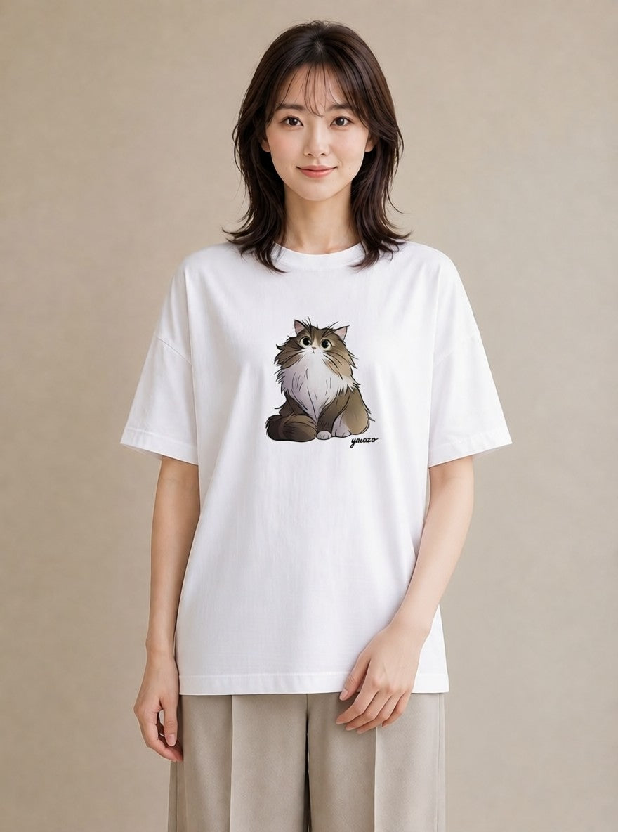 グラフィックTシャツ レディース 猫 ねこ イラスト 休日コーデ ミセス 春コーデ 白T