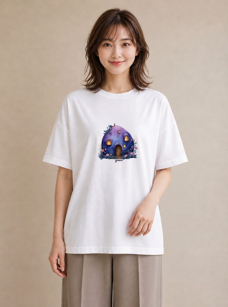 グラフィックTシャツ レディース 灯りの家 小屋 夜 ナチュラル アンティーク イラスト ボタニカル 誕生日プレゼント 綿100 白T