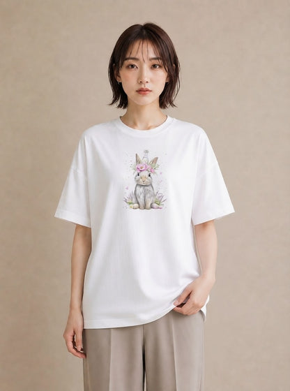 半袖Tシャツ レディース ライオンラビット ペット 動物 イラスト シック 自分用 ルームウェア 白T