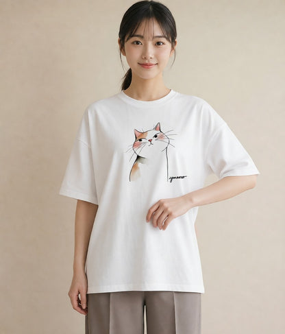 デザインTシャツ レディース エキゾチックショートヘア 猫 ねこ イラスト ルームウェア ギフト 白T
