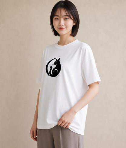 半袖Tシャツ レディース 猫 ねこ ネコ イラスト ポップ 通勤 在宅 白T